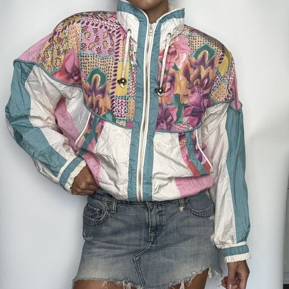 EAST WEST Jacket Medium Colourful Zip Up Parachute Windbreaker Vintage 80s - A